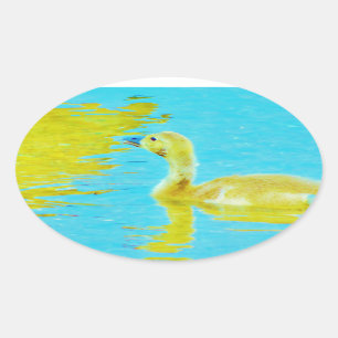 Sticker Ovale Oie-bébé jaune avec eau bleu clair