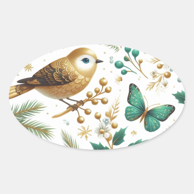 Sticker Ovale Oiseau doré Papillon émeraude Botanique  (Devant)