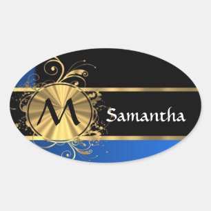 Sticker Ovale Or bleu et monogramme noir