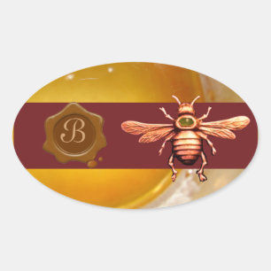 STICKER OVALE OR HONEY BEE MONOGRAMME DE SCEAU DE CIRE BROWN, MÉ