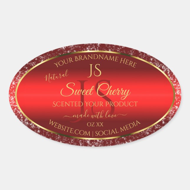 Sticker Ovale Or rouge avec étoiles Parties scintillant Initiale (Devant)