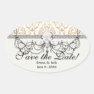 Sticker Ovale or tan sur motif damassé blanc orné