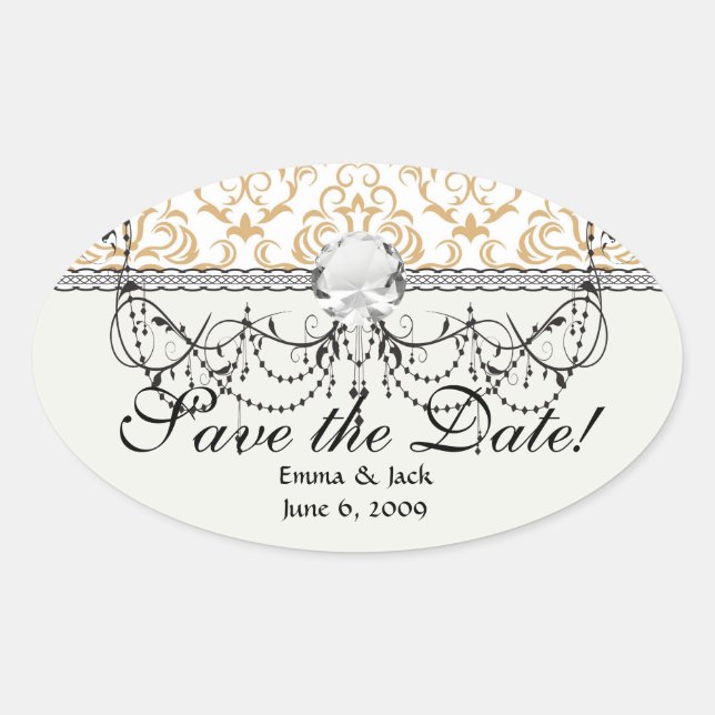 Sticker Ovale or tan sur motif damassé blanc orné (Devant)