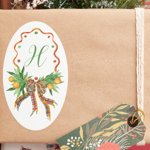 Sticker Ovale Oranges d'aquarelle Plaid Bow Monogramme de Noël