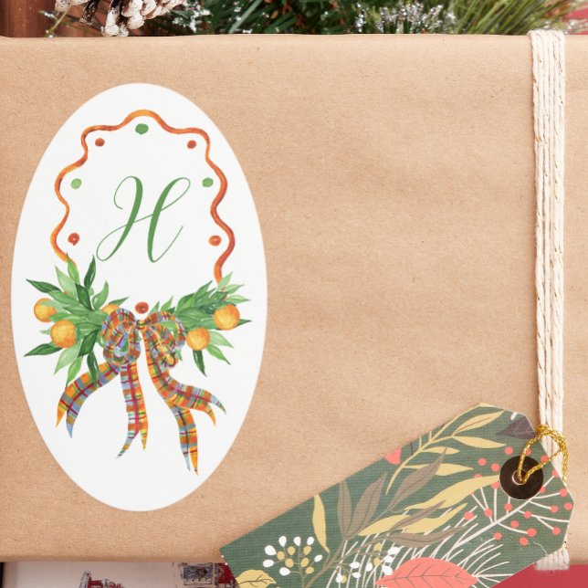 Sticker Ovale Oranges d'aquarelle Plaid Bow Monogramme de Noël (Créateur téléchargé)