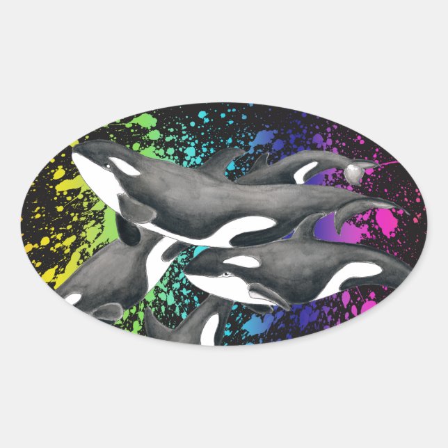 Sticker Ovale Orca Whales Aquarelle Noir (Devant)