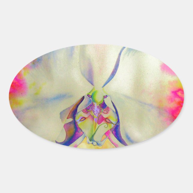 Sticker Ovale Orchidée de feu rose, fleurs d'aquarelle surréalis (Devant)