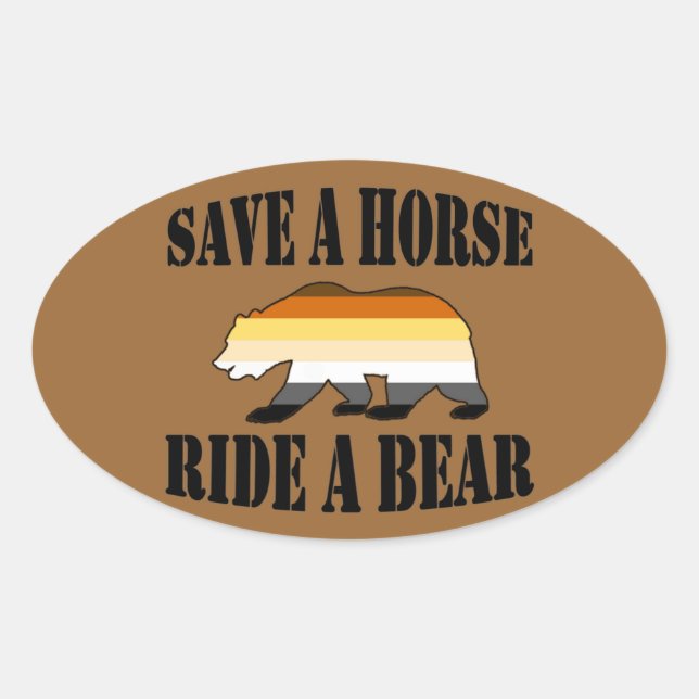 Sticker Ovale Ours gai Sauvez un cheval Marche un ours (Devant)