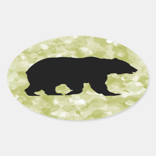 Sticker Ovale Ours Grizzly Noir Silhouette Vert Tacheté