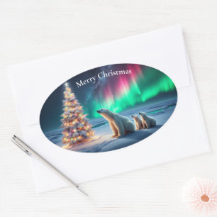 Sticker Ovale Ours Polaire Maman Cubs Arbre de Noël Lumières du