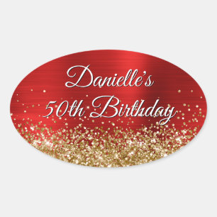 Sticker Ovale Paillettes d'Or Rouge Feuille 50e Anniversaire