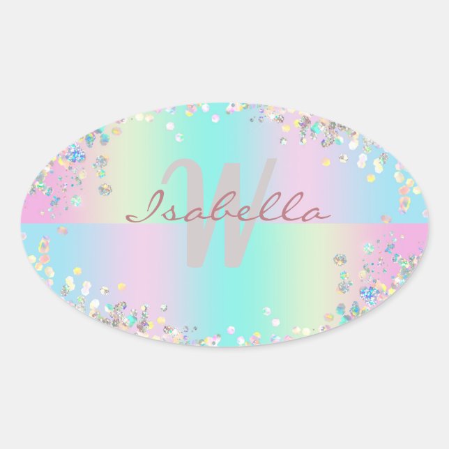 Sticker Ovale Paillettes holographiques de licorne (Devant)