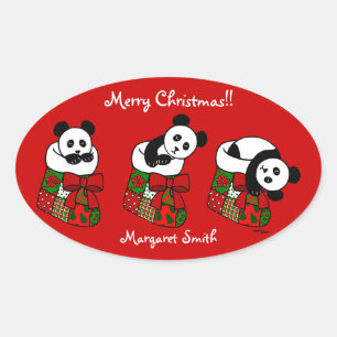 Sticker Ovale Panda de Noël personnalisée