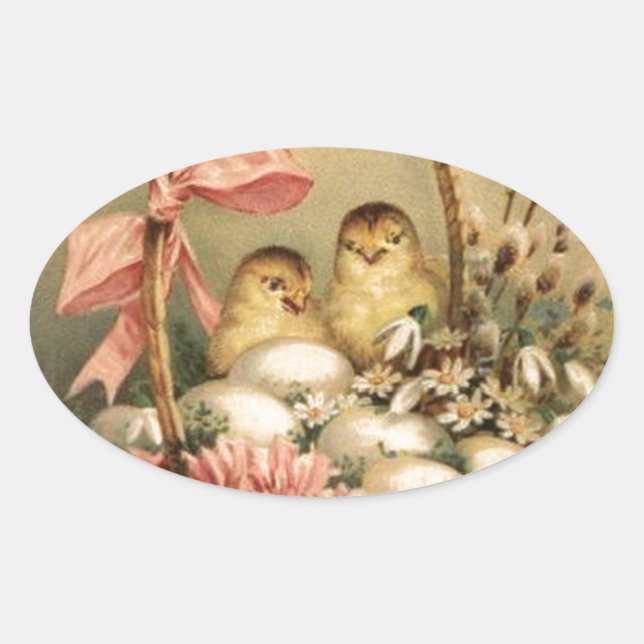 STICKER OVALE PANIER ÉLÉGANT, POULET, FLEURS ET OEUFS DE PÂQUES (Devant)
