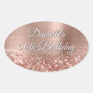 Sticker Ovale Papier Aluminium Rose Pailleté 50e Anniversaire