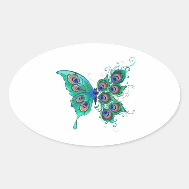 Sticker Ovale Papillon aux plumes de paon vert (Devant)