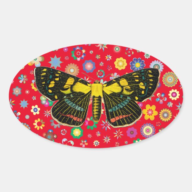 Sticker Ovale papillon fleurs nature faune art rouge (Devant)