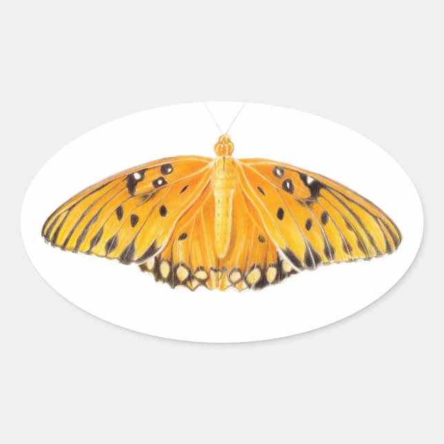 Sticker Ovale Papillon fritillaire du golfe à l'aquarelle orange (Devant)