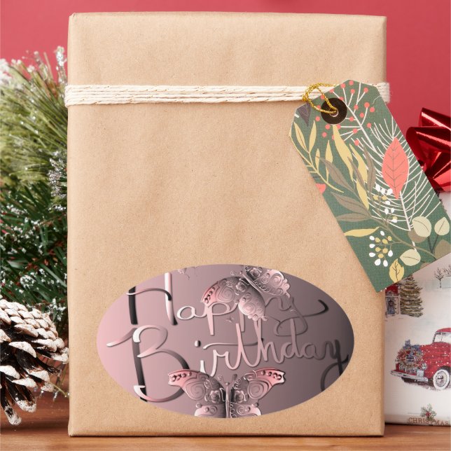 Sticker Ovale Papillon rose argenté "Joyeux anniversaire !" Cl (vacances)