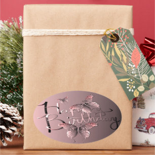 Sticker Ovale Papillon rose argenté "Joyeux anniversaire !" Cl