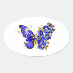 Sticker Ovale Papillon Saphir Fleur
