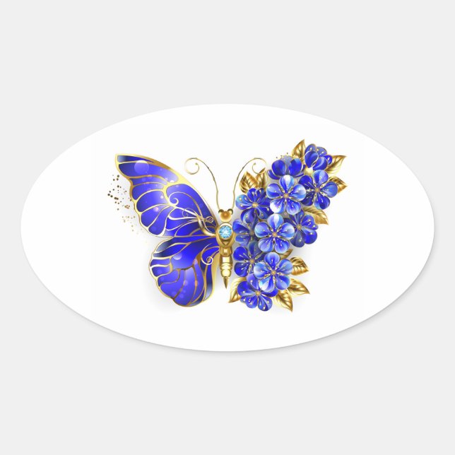 Sticker Ovale Papillon Saphir Fleur (Devant)
