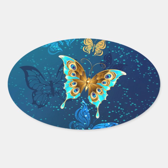 Sticker Ovale Papillons dorés sur fond bleu (Devant)