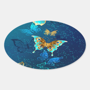 Sticker Ovale Papillons dorés sur fond bleu