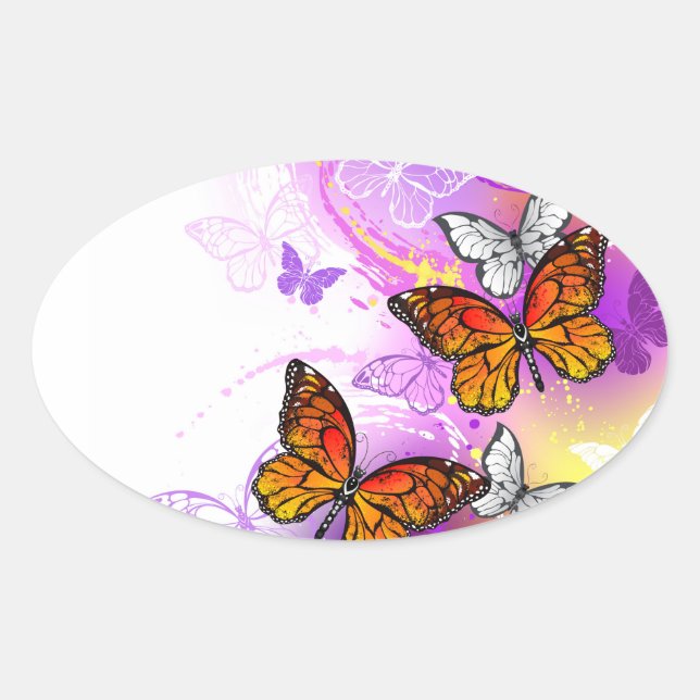 Sticker Ovale Papillons monarques sur fond violet (Devant)