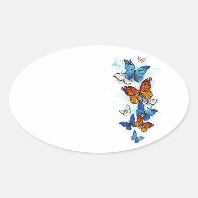 Sticker Ovale Papillons volants Morpho et Monarch (Devant)