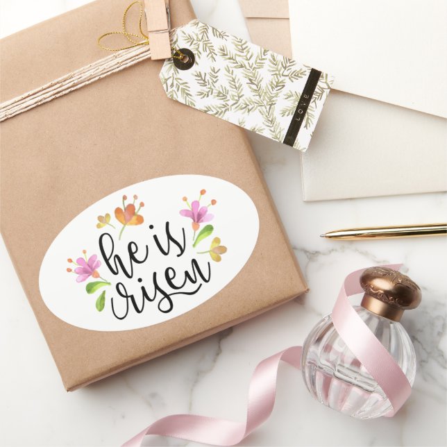 Sticker Ovale Pâques Matthieu 28:6 Il est ressuscité (Cadeaux)