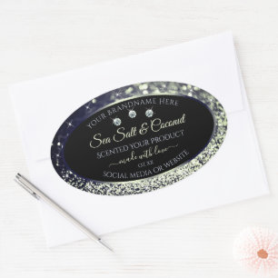 Sticker Ovale Parties scintillant d'argent bleu moderne Étiquett