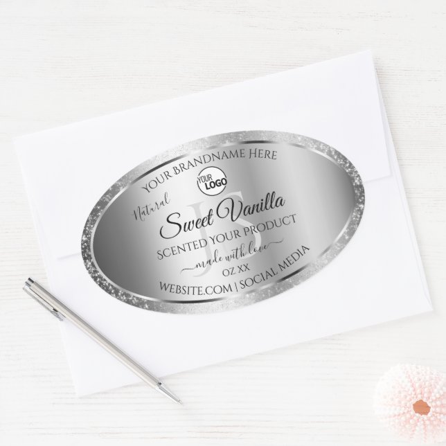 Sticker Ovale Parties scintillant d'argent moderne Monogramme Pr (Enveloppe)