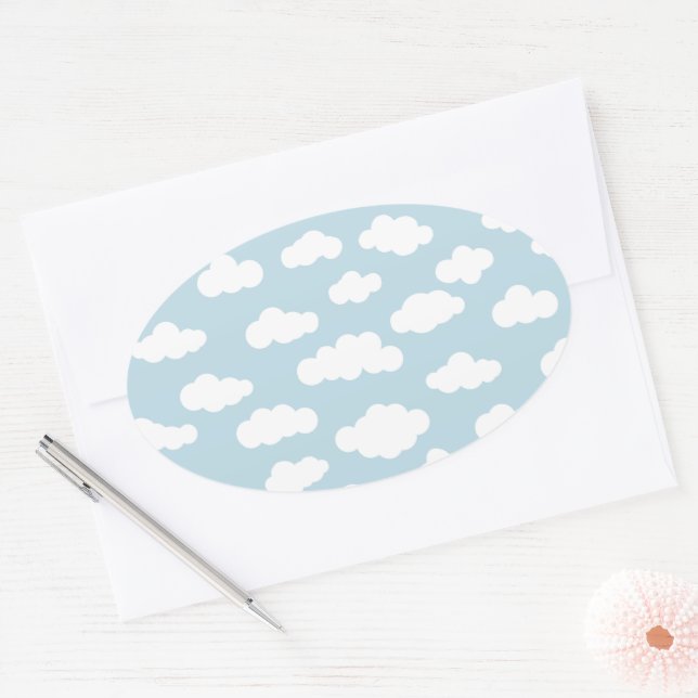 Sticker Ovale Pastel Nuages Bébé Esthétique Bleu Et Blanc (Enveloppe)