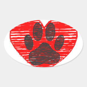 Sticker Ovale Paw Chien Croquis Dans Le Coeur Rouge