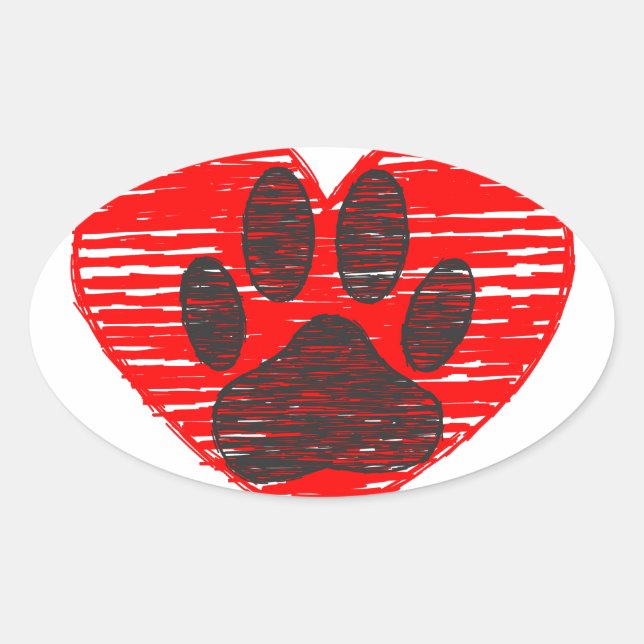 Sticker Ovale Paw Chien Croquis Dans Le Coeur Rouge (Devant)