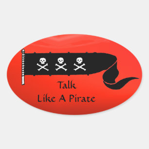 STICKER OVALE PEAUX ET OBJETS CROISÉS DRAPEAU DE PIRATE NOIR ROU