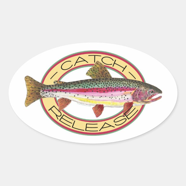 Sticker Ovale Pêche à la capture et à la remise à l'eau de truit (Devant)