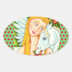 STICKER OVALE PEGASUS ET EVE DANS LE JARDIN D'EDEN, CHEVAL
