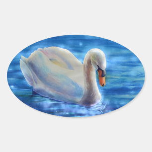 Sticker Ovale Peinture d'aquarelle blanche pour cygne