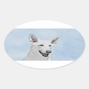 Sticker Ovale Peinture de berger blanc - jolie art original de c