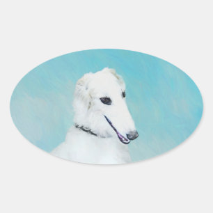 Sticker Ovale Peinture de Borzoi (Blanc) - Joli Chien d'origine