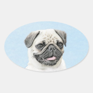 Sticker Ovale Peinture de carlin - Joli art original de chien