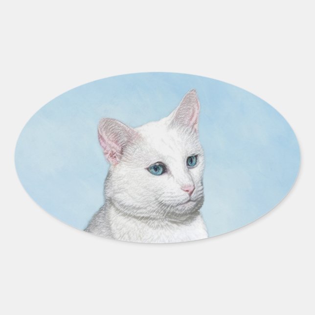 Sticker Ovale Peinture de chat blanc - Cute Original Cat Art (Devant)