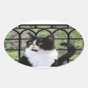 Sticker Ovale Peinture de chat Tuxedo - Cute Original Cat Art