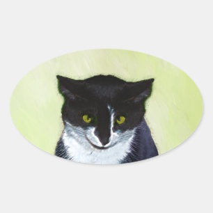 Sticker Ovale Peinture de chat Tuxedo - Cute Original Cat Art