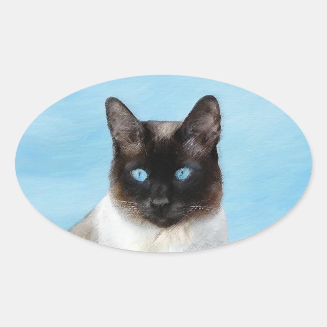Sticker Ovale Peinture de chats de Siamese - Cute Original Cat A (Devant)