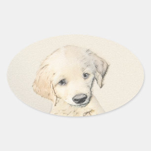 Sticker Ovale Peinture de chiot d'or Retriever - Art de chien or