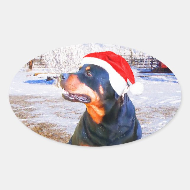 Sticker Ovale Peinture de Noël de chien Rottweiler (Devant)