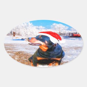 Sticker Ovale Peinture de Noël de chien Rottweiler